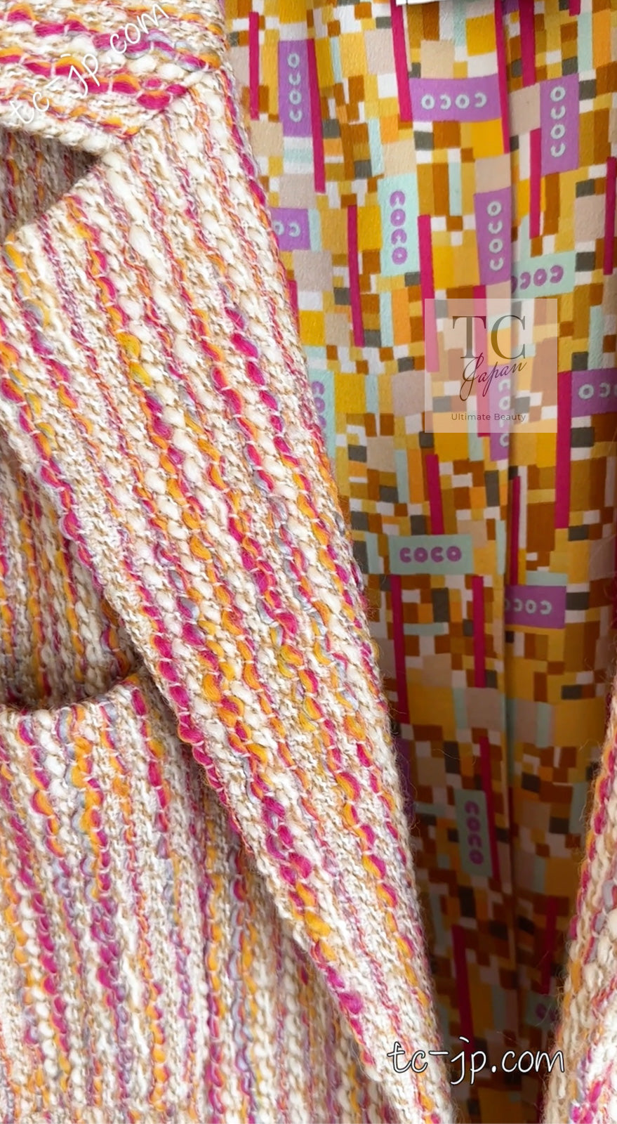 CHANEL 01A Orange Yellow Magenta Belt Jacket 34 36 シャネル オレンジ イエロー マルチ カラー ロゴ ベルト ツイード ジャケット 即発