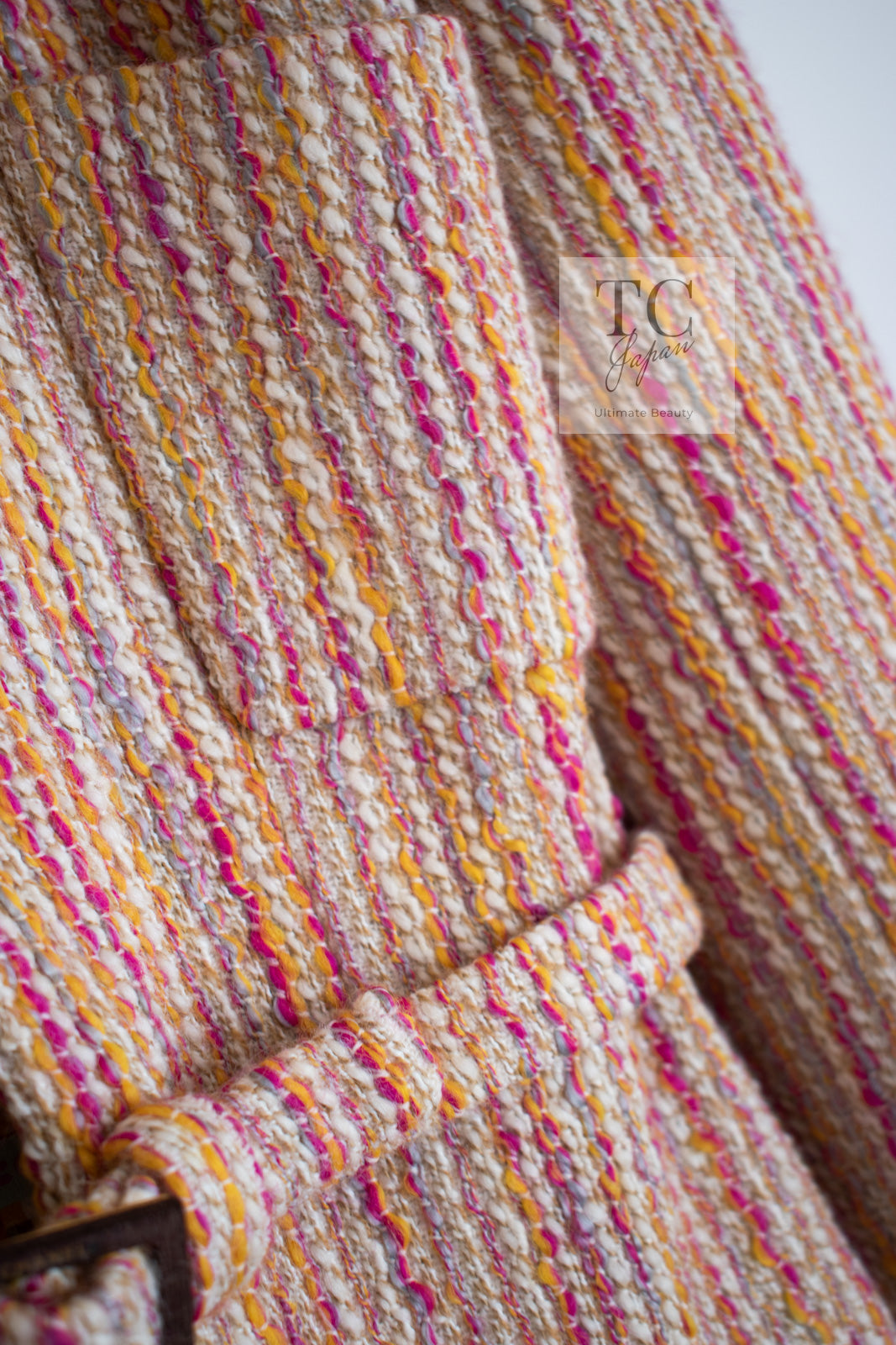 CHANEL 01A Orange Yellow Magenta Belt Jacket 34 36 シャネル オレンジ イエロー マルチ カラー ロゴ ベルト ツイード ジャケット 即発