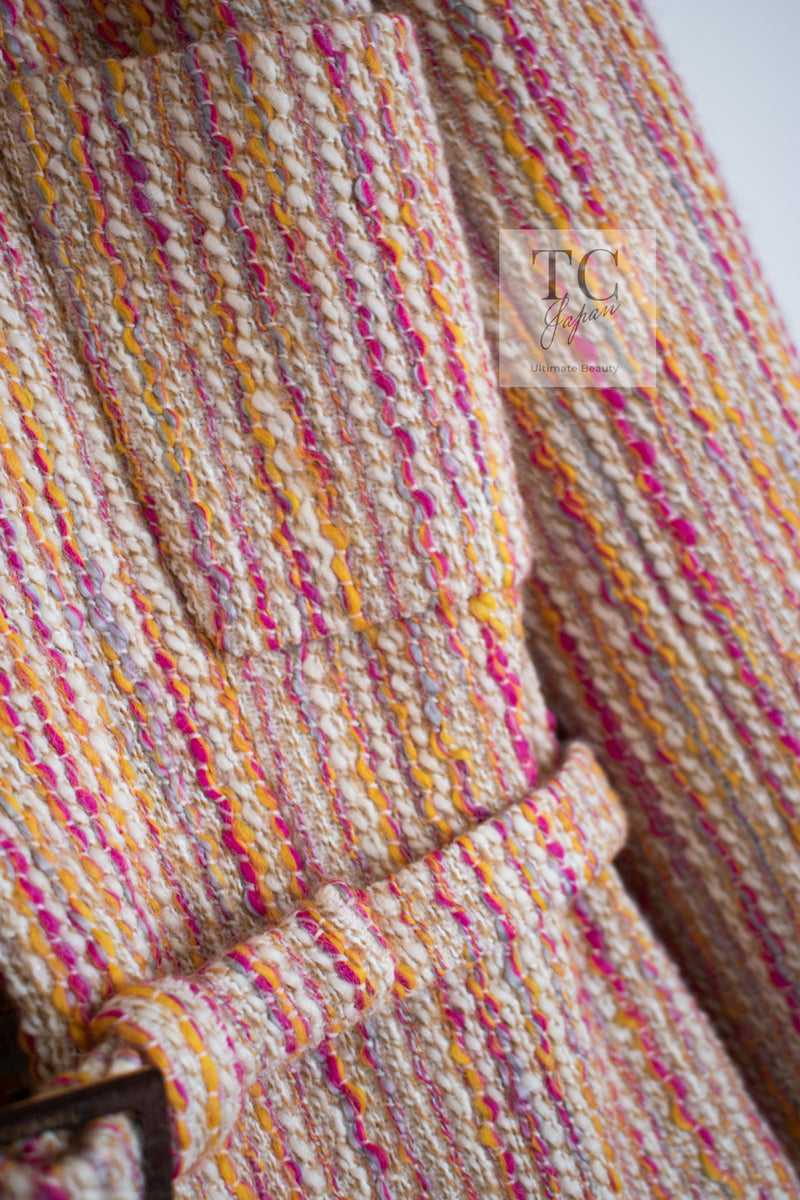 CHANEL 01A Orange Yellow Magenta Belt Jacket 34 36 シャネル オレンジ イエロー マルチ カラー ロゴ ベルト ツイード ジャケット 即発
