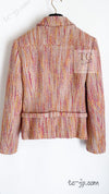 CHANEL 01A Orange Yellow Magenta Belt Jacket 34 36 シャネル オレンジ イエロー マルチ カラー ロゴ ベルト ツイード ジャケット 即発