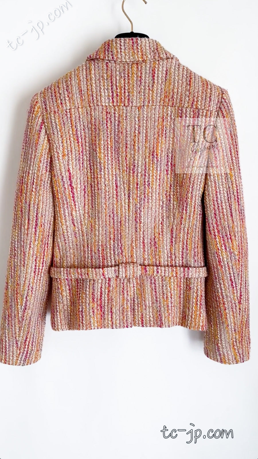 CHANEL 01A Orange Yellow Magenta Belt Jacket 34 36 シャネル オレンジ イエロー マルチ カラー ロゴ ベルト ツイード ジャケット 即発