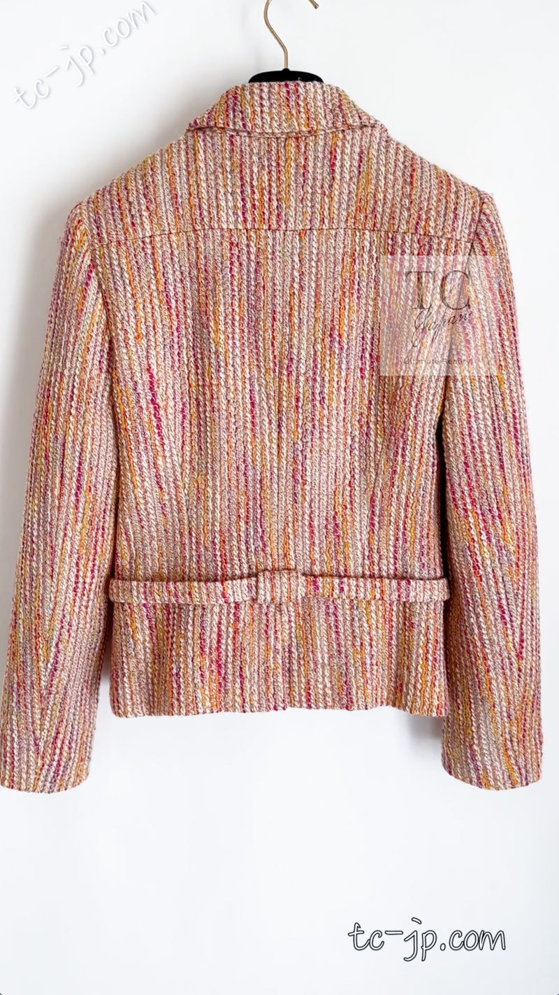 CHANEL 01A Orange Yellow Magenta Belt Jacket 34 36 シャネル オレンジ イエロー マルチ カラー ロゴ ベルト ツイード ジャケット 即発