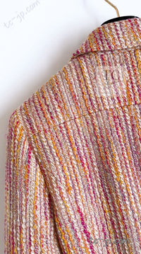 CHANEL 01A Orange Yellow Magenta Belt Jacket 34 36 シャネル オレンジ イエロー マルチ カラー ロゴ ベルト ツイード ジャケット 即発