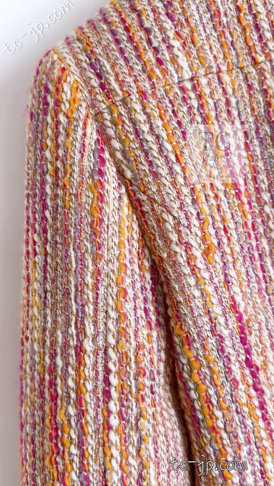 CHANEL 01A Orange Yellow Magenta Belt Jacket 34 36 シャネル オレンジ イエロー マルチ カラー ロゴ ベルト ツイード ジャケット 即発