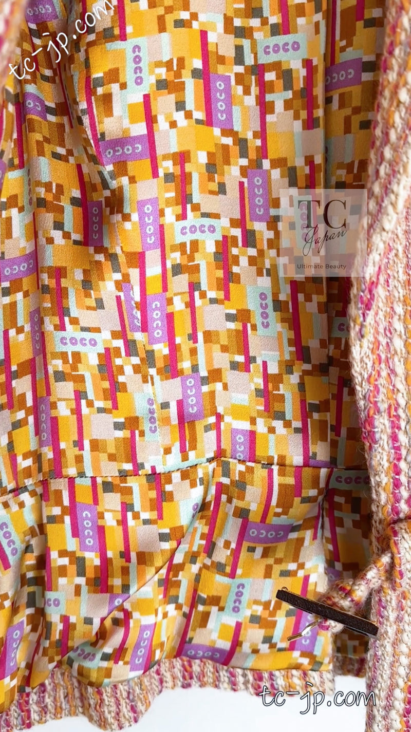 CHANEL 01A Orange Yellow Magenta Belt Jacket 34 36 シャネル オレンジ イエロー マルチ カラー ロゴ ベルト ツイード ジャケット 即発