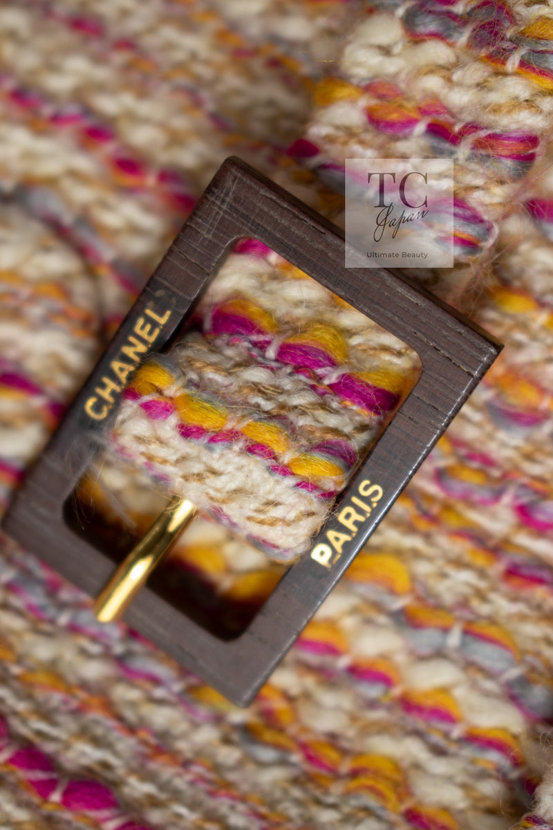 CHANEL 01A Orange Yellow Magenta Belt Jacket 34 36 シャネル オレンジ イエロー マルチ カラー ロゴ ベルト ツイード ジャケット 即発