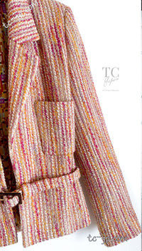 CHANEL 01A Orange Yellow Magenta Belt Jacket 34 36 シャネル オレンジ イエロー マルチ カラー ロゴ ベルト ツイード ジャケット 即発