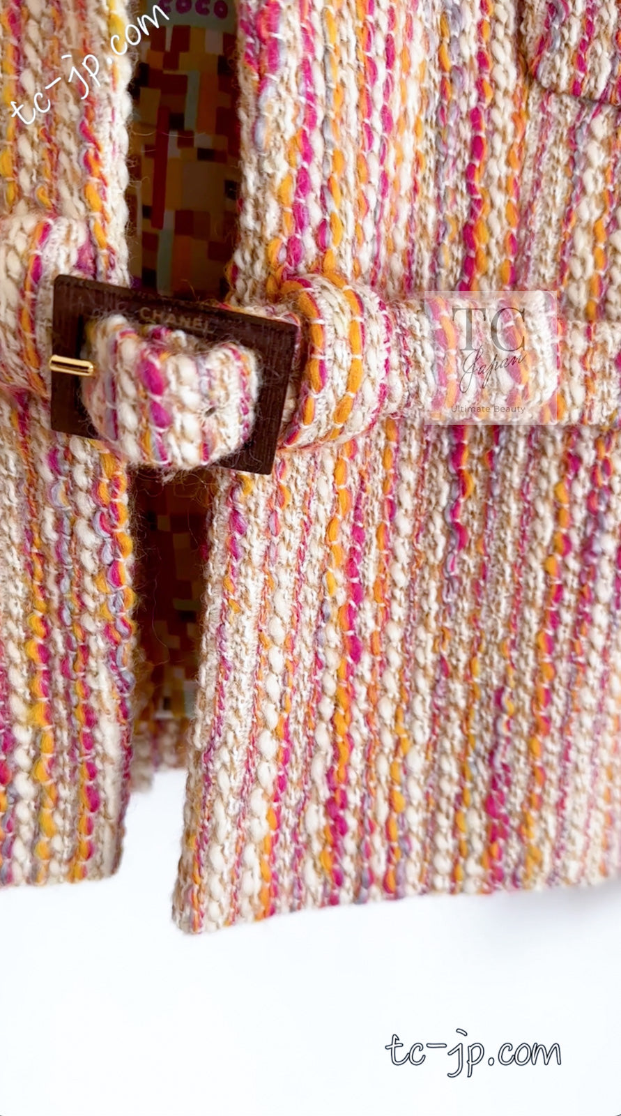 CHANEL 01A Orange Yellow Magenta Belt Jacket 34 36 シャネル オレンジ イエロー マルチ カラー ロゴ ベルト ツイード ジャケット 即発