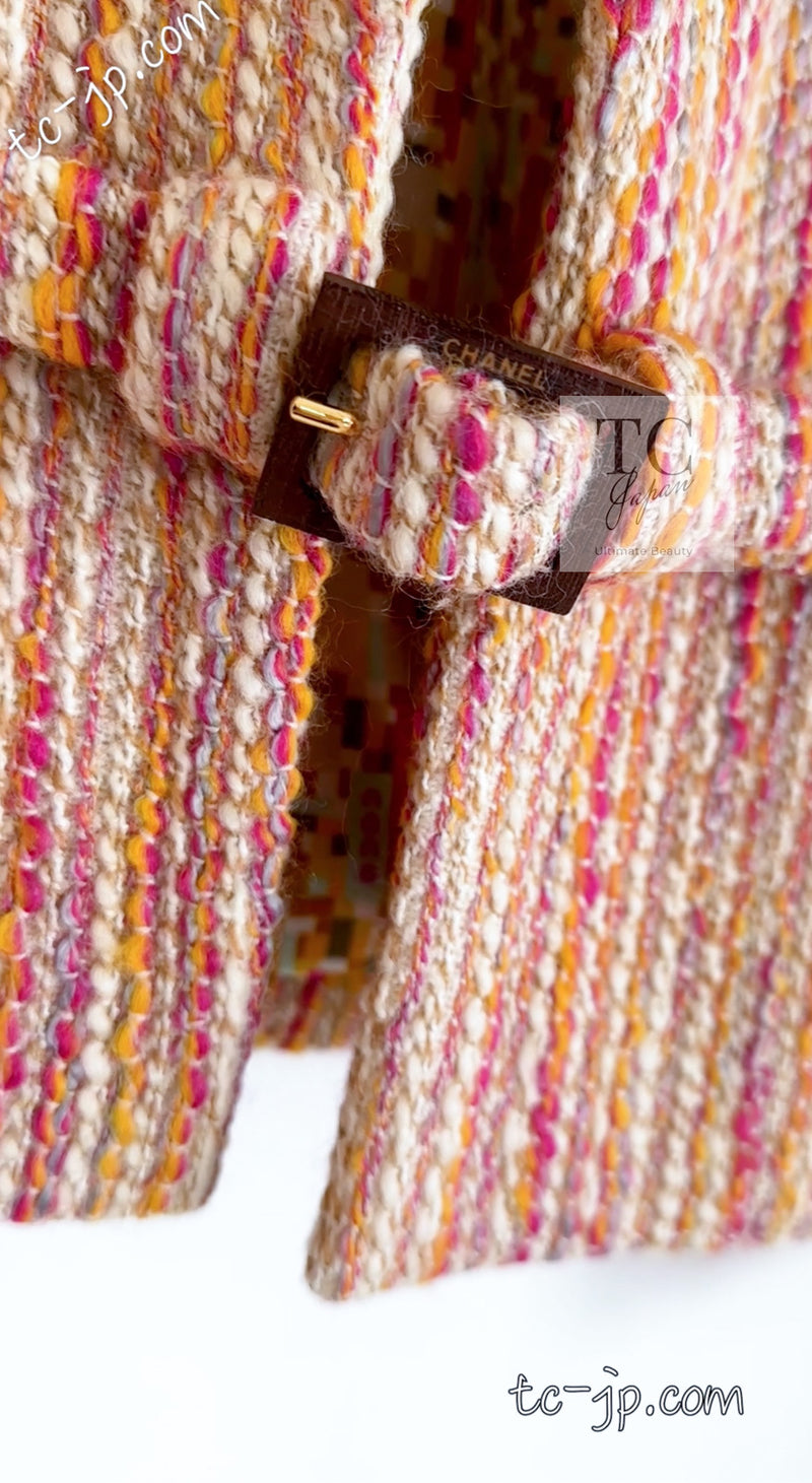 CHANEL 01A Orange Yellow Magenta Belt Jacket 34 36 シャネル オレンジ イエロー マルチ カラー ロゴ ベルト ツイード ジャケット 即発