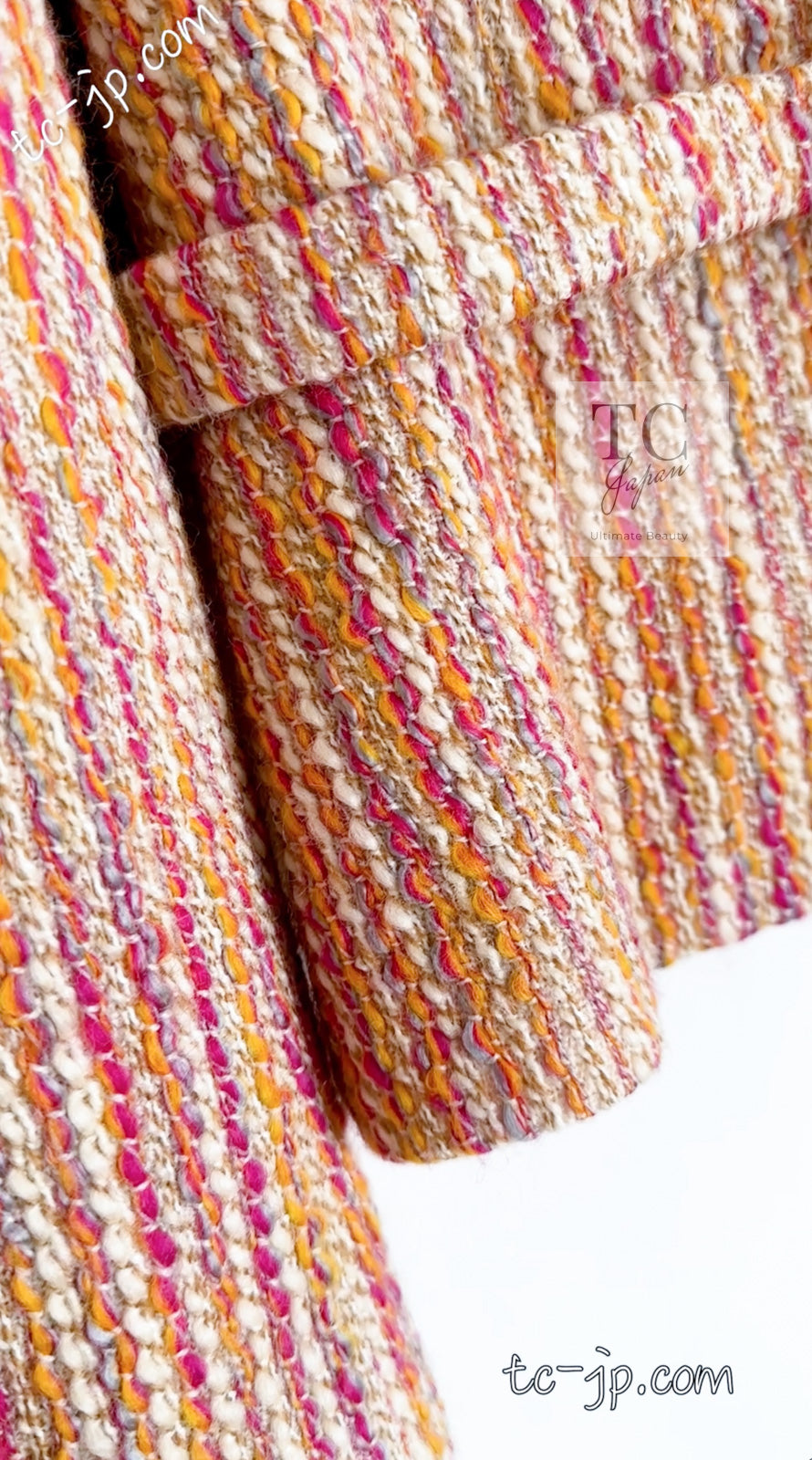 CHANEL 01A Orange Yellow Magenta Belt Jacket 34 36 シャネル オレンジ イエロー マルチ カラー ロゴ ベルト ツイード ジャケット 即発