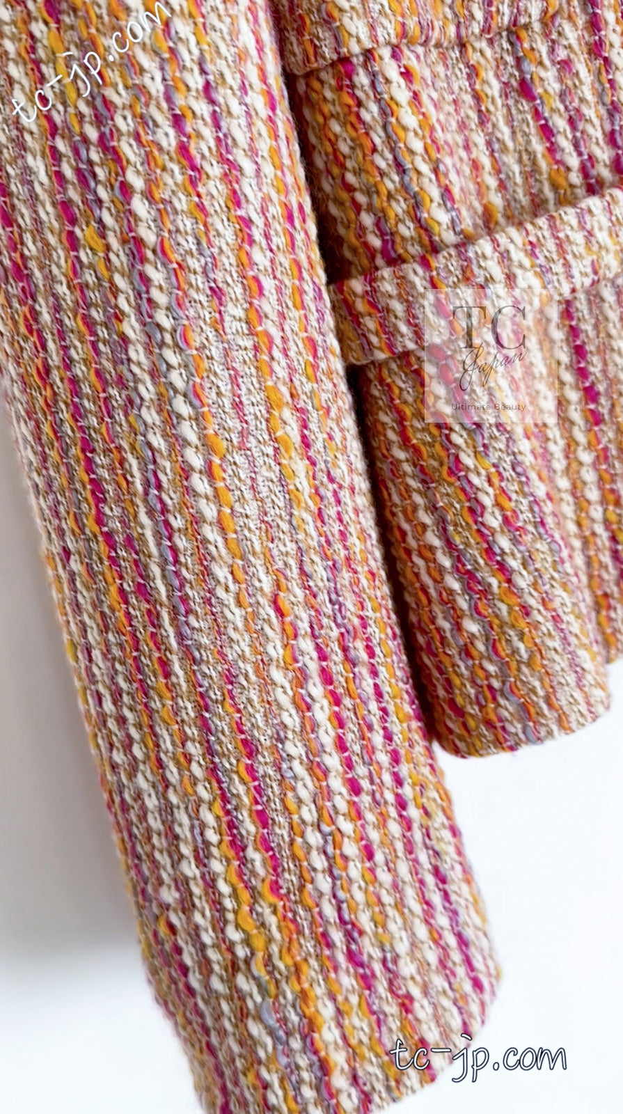 CHANEL 01A Orange Yellow Magenta Belt Jacket 34 36 シャネル オレンジ イエロー マルチ カラー ロゴ ベルト ツイード ジャケット 即発