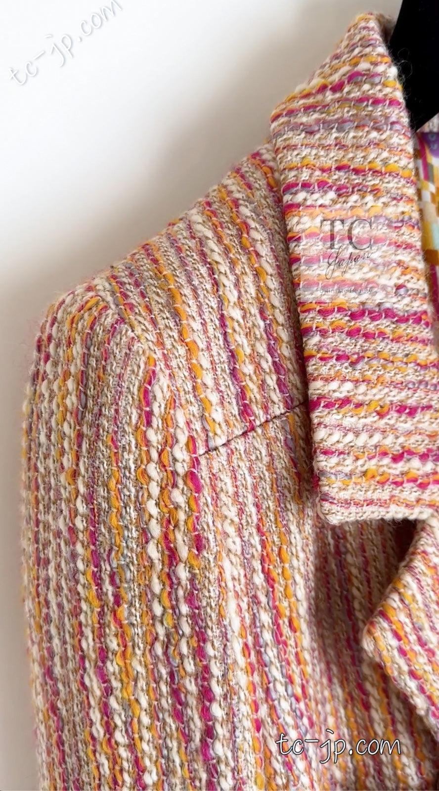 CHANEL 01A Orange Yellow Magenta Belt Jacket 34 36 シャネル オレンジ イエロー マルチ カラー ロゴ ベルト ツイード ジャケット 即発