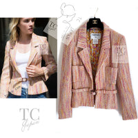 CHANEL 01A Orange Yellow Magenta Belt Jacket 34 36 シャネル オレンジ イエロー マルチ カラー ロゴ ベルト ツイード ジャケット 即発