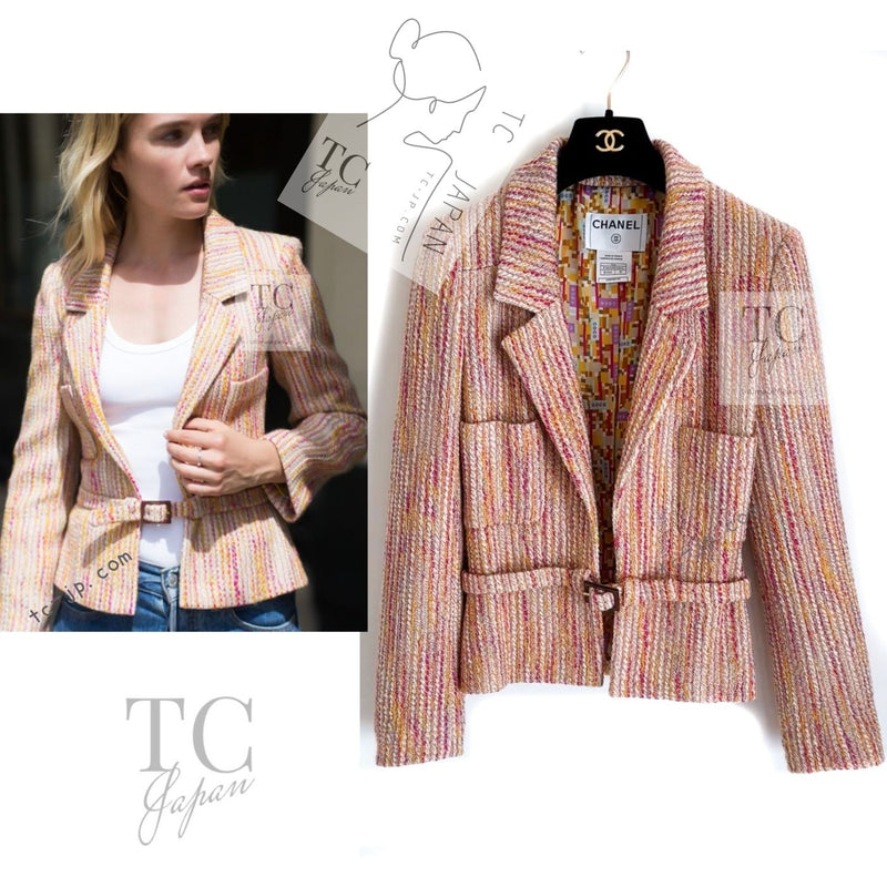 CHANEL 01A Orange Yellow Magenta Belt Jacket 34 36 シャネル オレンジ イエロー マルチ カラー ロゴ ベルト ツイード ジャケット 即発