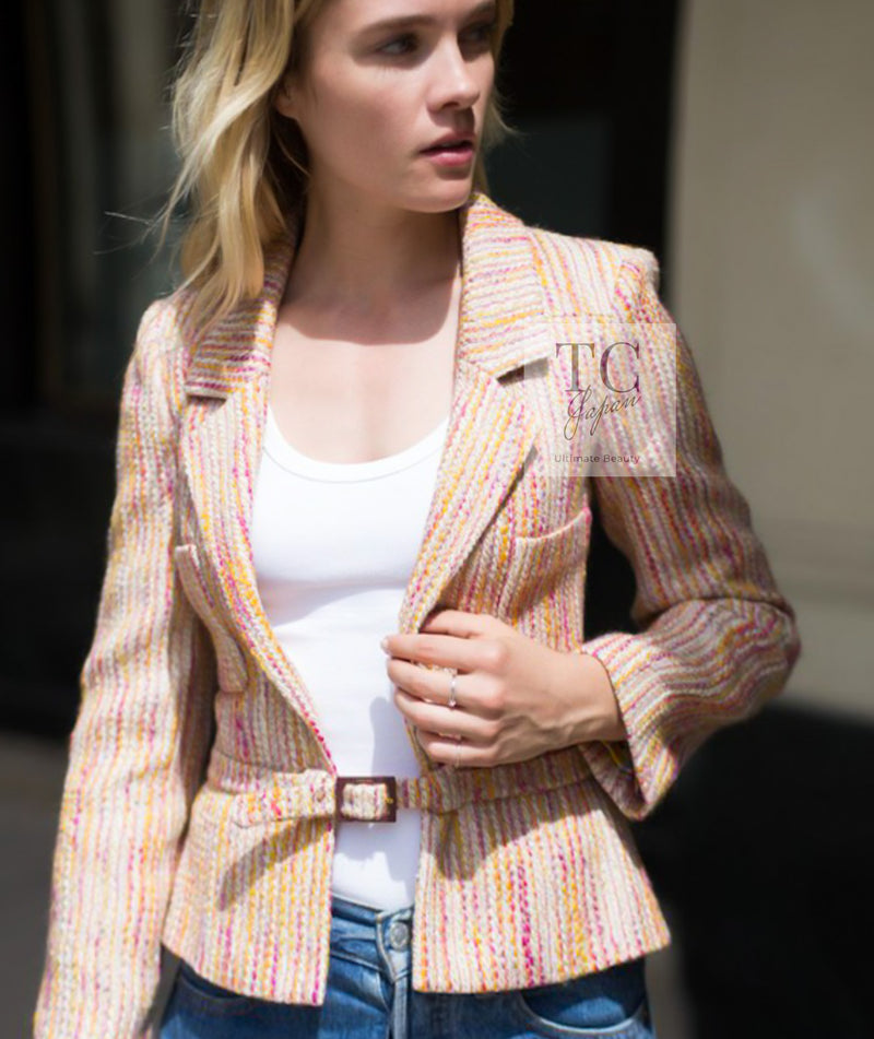 CHANEL 01A Orange Yellow Magenta Belt Jacket 34 36 シャネル オレンジ イエロー マルチ カラー ロゴ ベルト ツイード ジャケット 即発