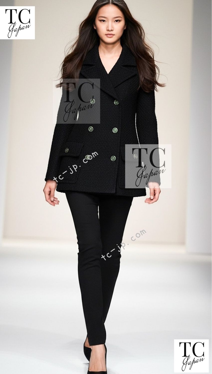 シャネル ★ウール カシミア  ダブル ニット ジャケット グリポア コート シャネル ジャケット コート CHANEL ブラック ウール ダブル 01A Black