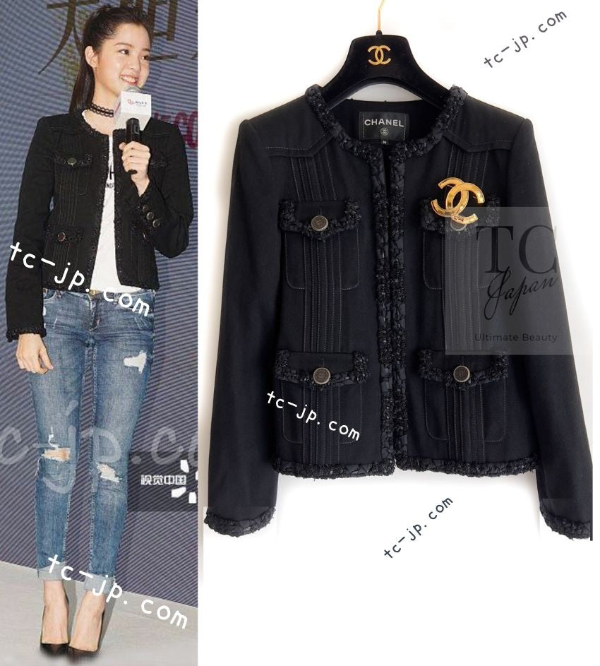 CHANEL 17C Black Cotton Denim Collarless Jacket 34 36 シャネル ブラック コットン デニム ノーカラー ジャケット 即発
