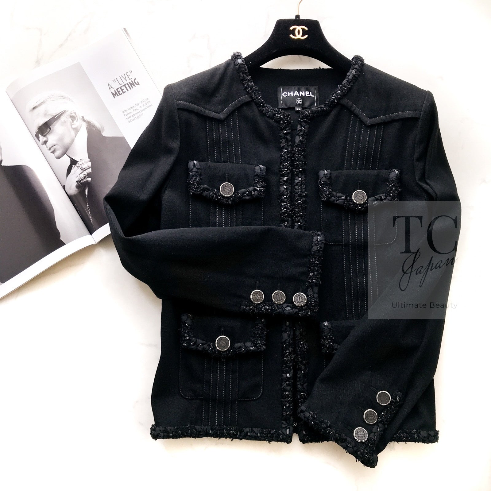 CHANEL 17C Black Cotton Denim Collarless Jacket 36 シャネル ブラック コットン デニム ノーカラー ジャケット 即発
