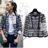 CHANEL 13S Navy White Gray Stripe Cotton Tweed Jacket 36 シャネル ネイビー ホワイト グレー ストライプ コットン ツイード ジャケット 即発