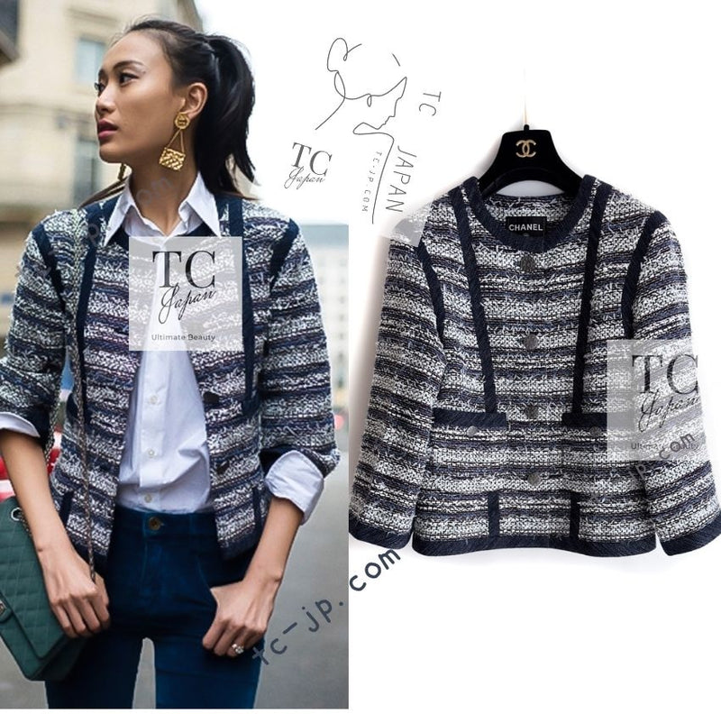 CHANEL 13S Navy White Gray Stripe Cotton Tweed Jacket 36 シャネル ネイビー ホワイト グレー ストライプ コットン ツイード ジャケット 即発