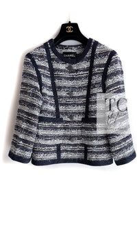 CHANEL 13S Navy White Gray Stripe Cotton Tweed Jacket 36 シャネル ネイビー ホワイト グレー ストライプ コットン ツイード ジャケット 即発
