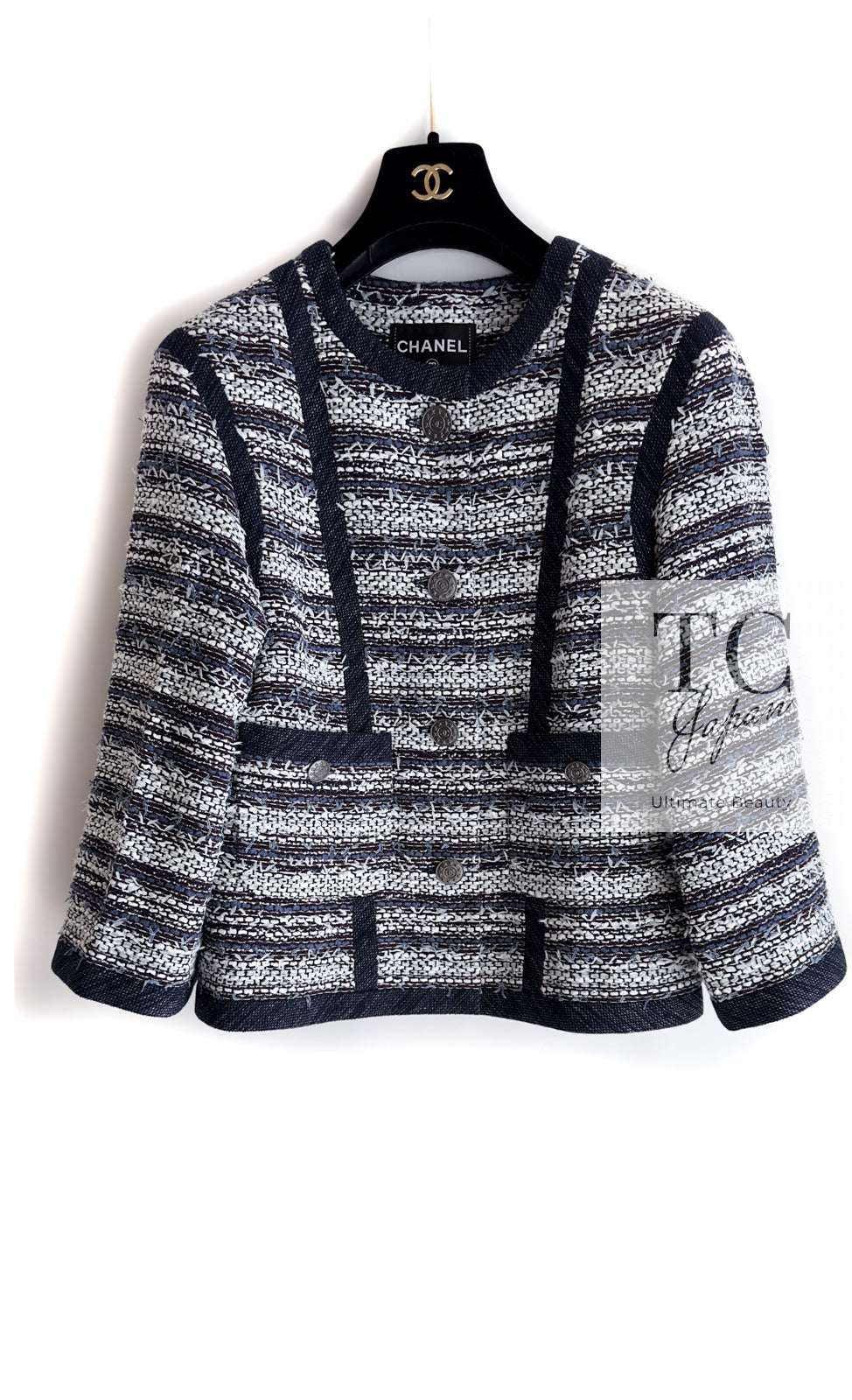CHANEL 13S Navy White Gray Stripe Cotton Tweed Jacket 36 シャネル ネイビー ホワイト グレー ストライプ コットン ツイード ジャケット 即発