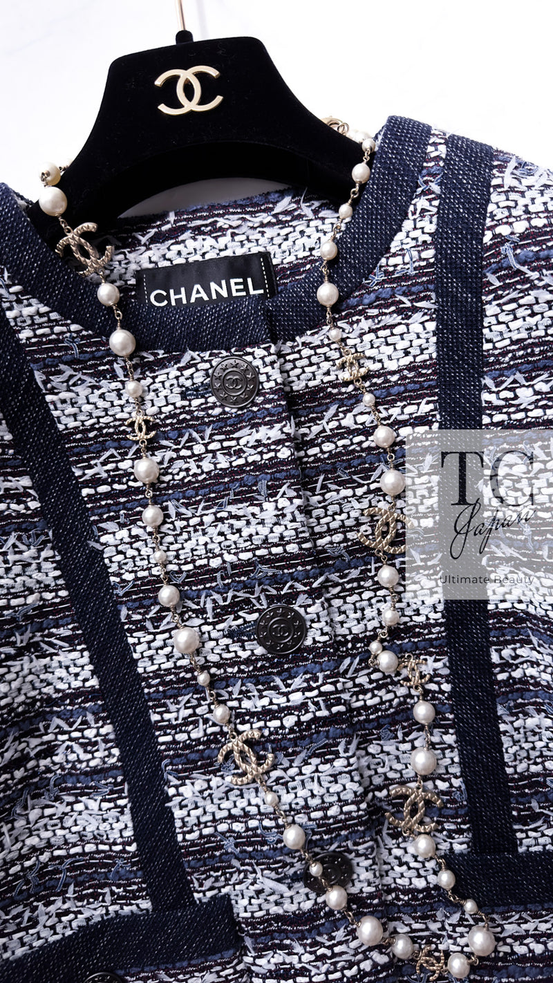 CHANEL 13S Navy White Gray Stripe Cotton Tweed Jacket 36 シャネル ネイビー ホワイト グレー ストライプ コットン ツイード ジャケット 即発