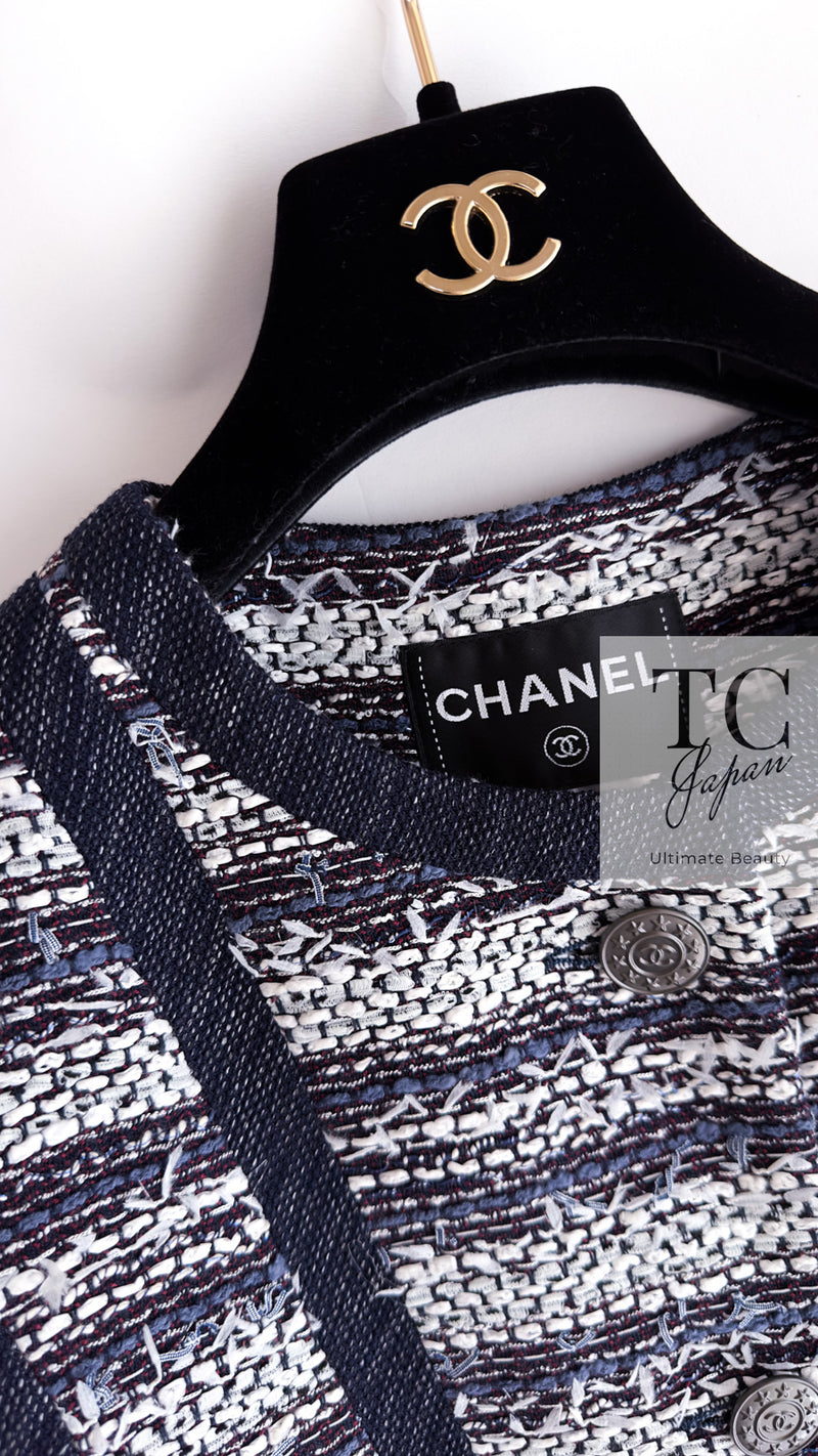 CHANEL 13S Navy White Gray Stripe Cotton Tweed Jacket 36 シャネル ネイビー ホワイト グレー ストライプ コットン ツイード ジャケット 即発