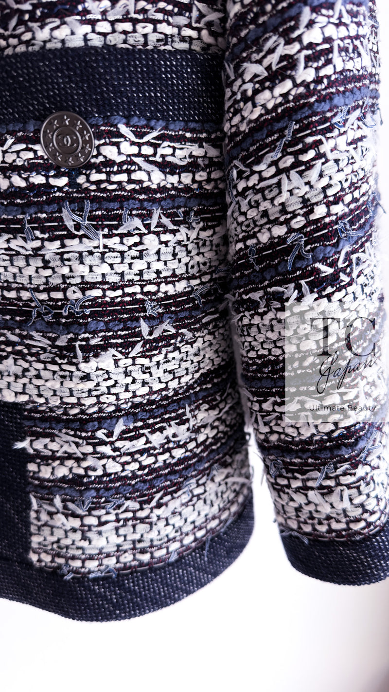 CHANEL 13S Navy White Gray Stripe Cotton Tweed Jacket 36 シャネル ネイビー ホワイト グレー ストライプ コットン ツイード ジャケット 即発