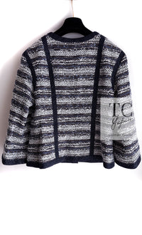 CHANEL 13S Navy White Gray Stripe Cotton Tweed Jacket 36 シャネル ネイビー ホワイト グレー ストライプ コットン ツイード ジャケット 即発