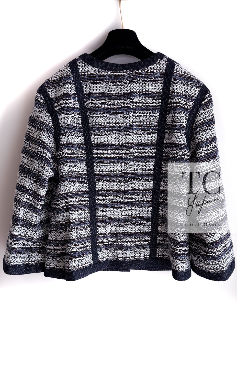 CHANEL 13S Navy White Gray Stripe Cotton Tweed Jacket 36 シャネル ネイビー ホワイト グレー ストライプ コットン ツイード ジャケット 即発