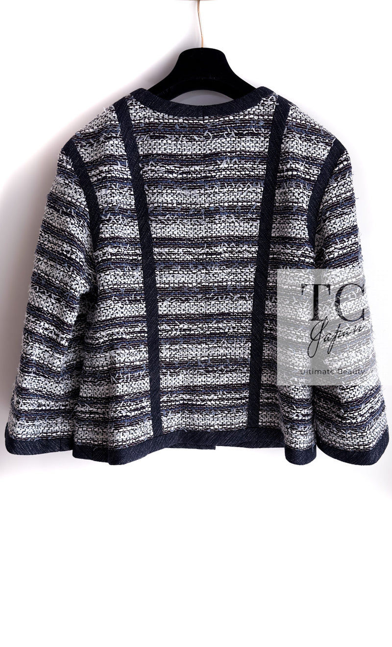 CHANEL 13S Navy White Gray Stripe Cotton Tweed Jacket 36 シャネル ネイビー ホワイト グレー ストライプ コットン ツイード ジャケット 即発