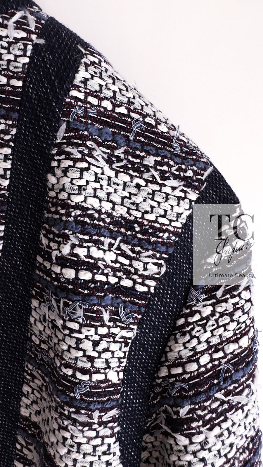 CHANEL 13S Navy White Gray Stripe Cotton Tweed Jacket 36 シャネル ネイビー ホワイト グレー ストライプ コットン ツイード ジャケット 即発