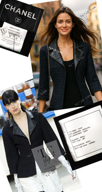 CHANEL 14A Black Leather Collar Zipup Wool Tweed Jacket 38 40 シャネル ブラック レザー襟 ジップアップ ウール ツイード ジャケット 即発