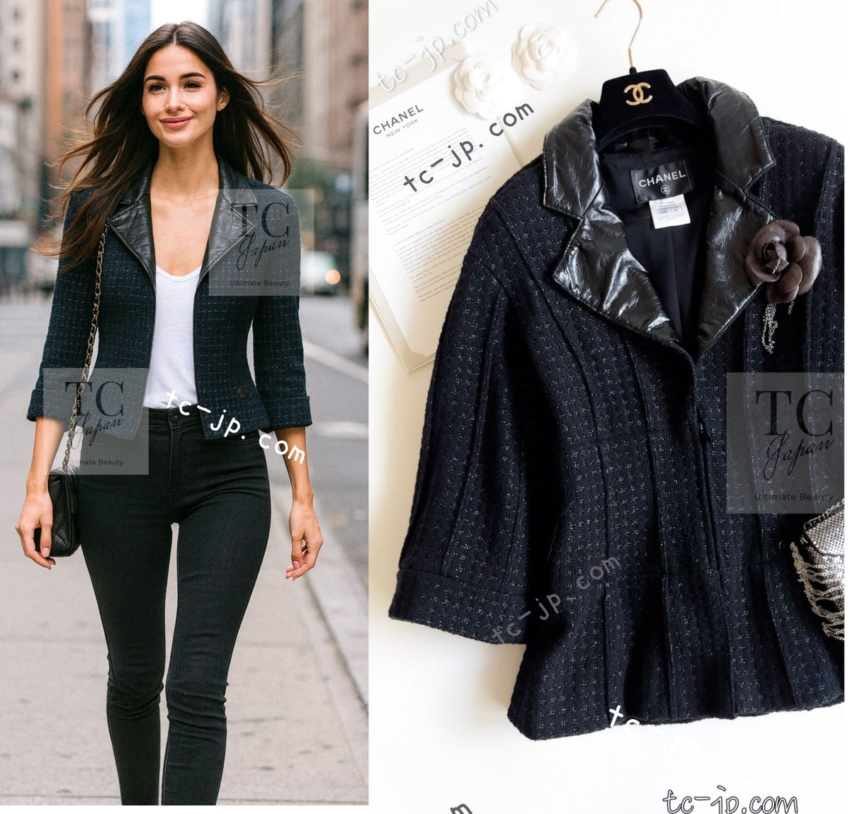 CHANEL 14A Black Leather Collar Zipup Wool Tweed Jacket 38 40 シャネル ブラック レザー襟 ジップアップ ウール ツイード ジャケット 即発
