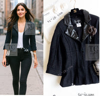 CHANEL 14A Black Leather Collar Zipup Wool Tweed Jacket 38 40 シャネル ブラック レザー襟 ジップアップ ウール ツイード ジャケット 即発