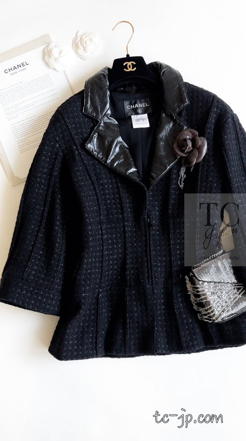CHANEL 14A Black Leather Collar Zipup Wool Tweed Jacket 38 40 シャネル ブラック レザー襟 ジップアップ ウール ツイード ジャケット 即発