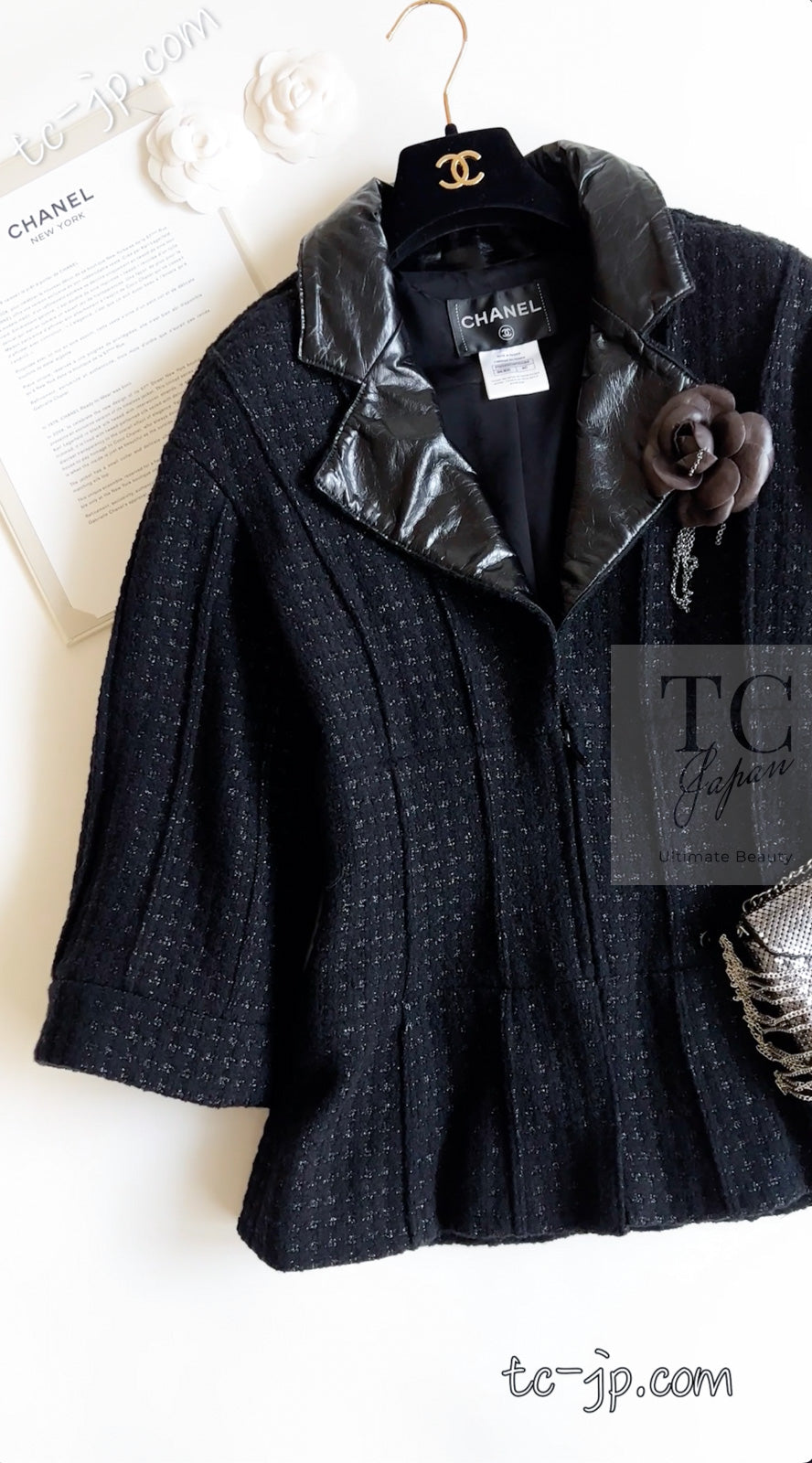 CHANEL 14A Black Leather Collar Zipup Wool Tweed Jacket 38 40 シャネル ブラック レザー襟 ジップアップ ウール ツイード ジャケット 即発
