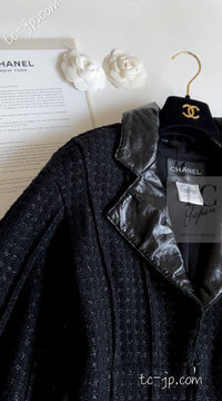 CHANEL 14A Black Leather Collar Zipup Wool Tweed Jacket 38 40 シャネル ブラック レザー襟 ジップアップ ウール ツイード ジャケット 即発