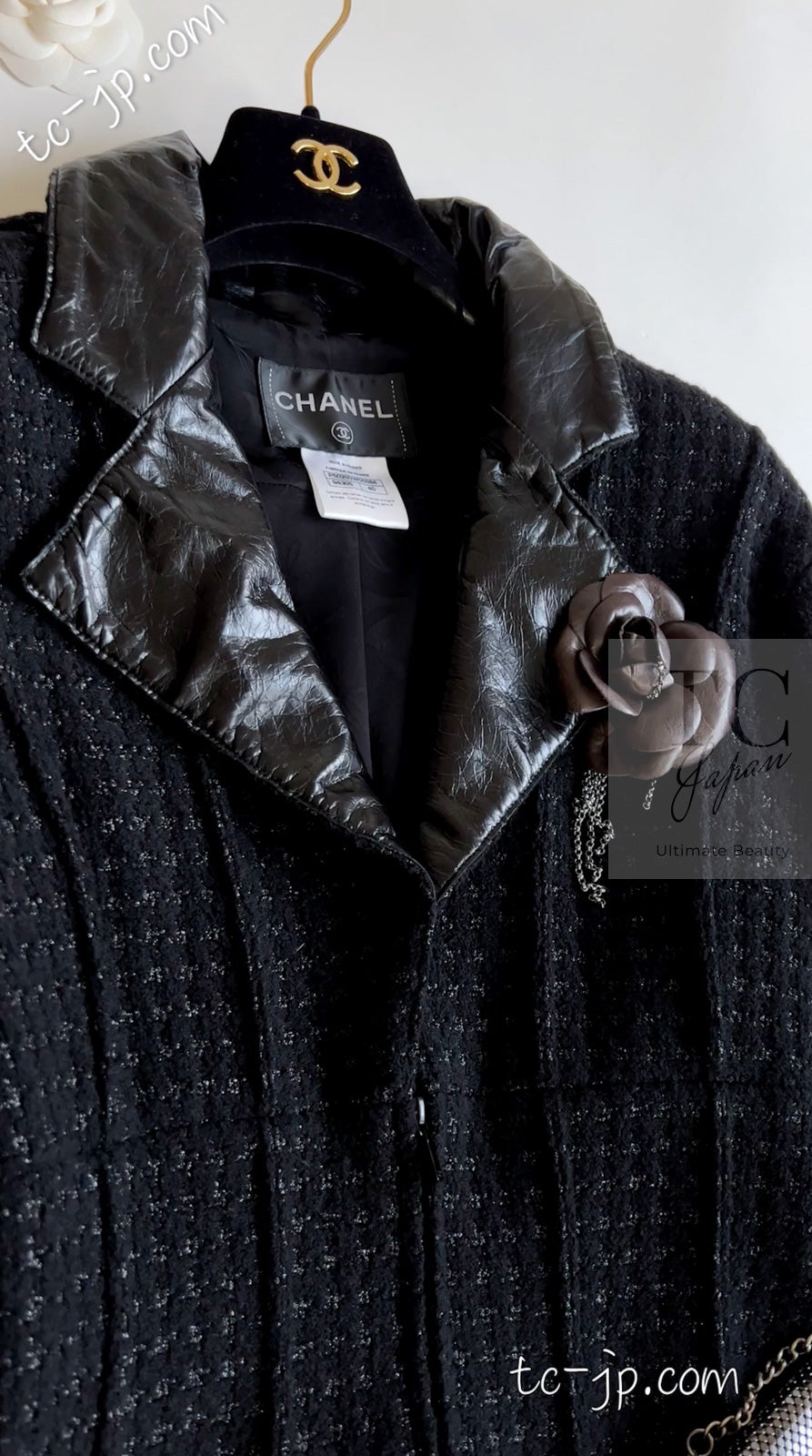 CHANEL 14A Black Leather Collar Zipup Wool Tweed Jacket 38 40 シャネル ブラック レザー襟 ジップアップ ウール ツイード ジャケット 即発