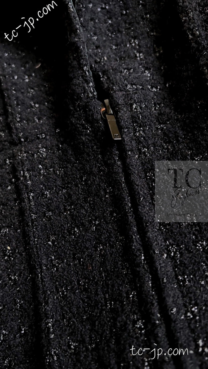 CHANEL 14A Black Leather Collar Zipup Wool Tweed Jacket 38 40 シャネル ブラック レザー襟 ジップアップ ウール ツイード ジャケット 即発