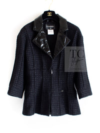 CHANEL 14A Black Leather Collar Zipup Wool Tweed Jacket 38 40 シャネル ブラック レザー襟 ジップアップ ウール ツイード ジャケット 即発