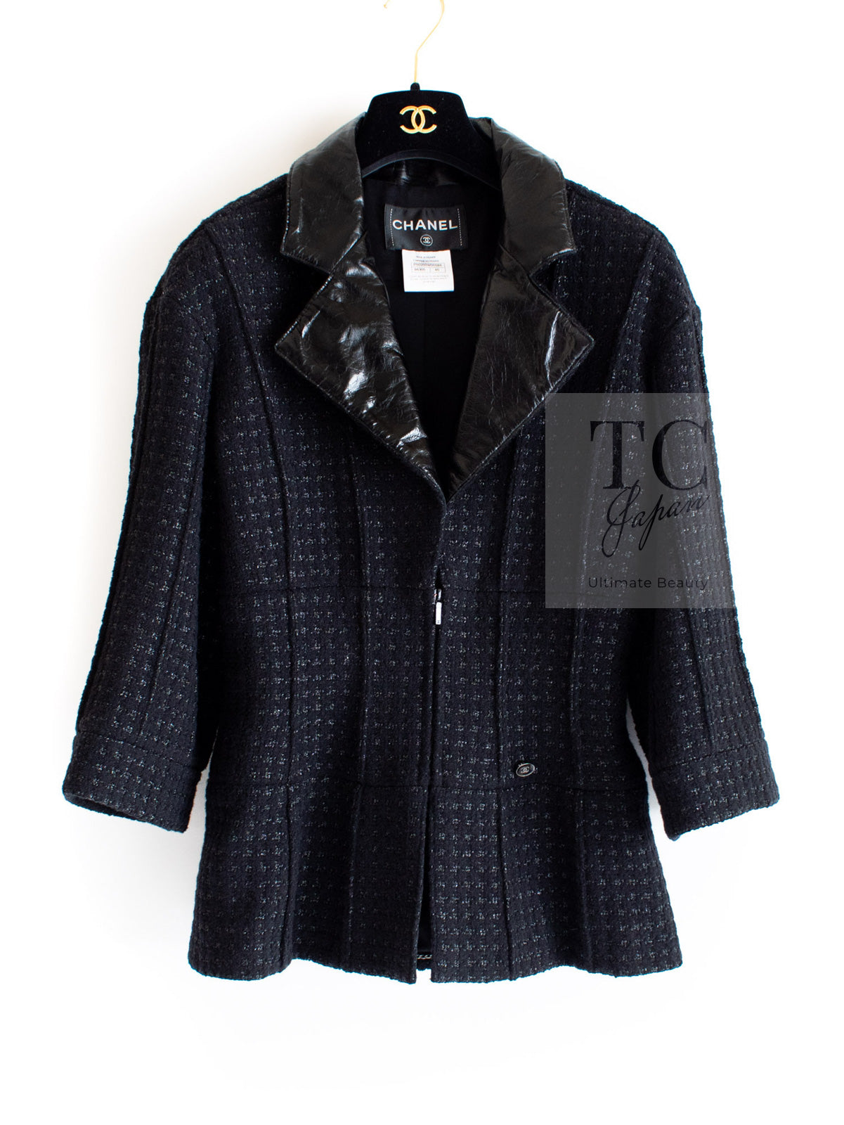 CHANEL 14A Black Leather Collar Zipup Wool Tweed Jacket 38 40 シャネル ブラック レザー襟 ジップアップ ウール ツイード ジャケット 即発