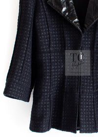 CHANEL 14A Black Leather Collar Zipup Wool Tweed Jacket 38 40 シャネル ブラック レザー襟 ジップアップ ウール ツイード ジャケット 即発