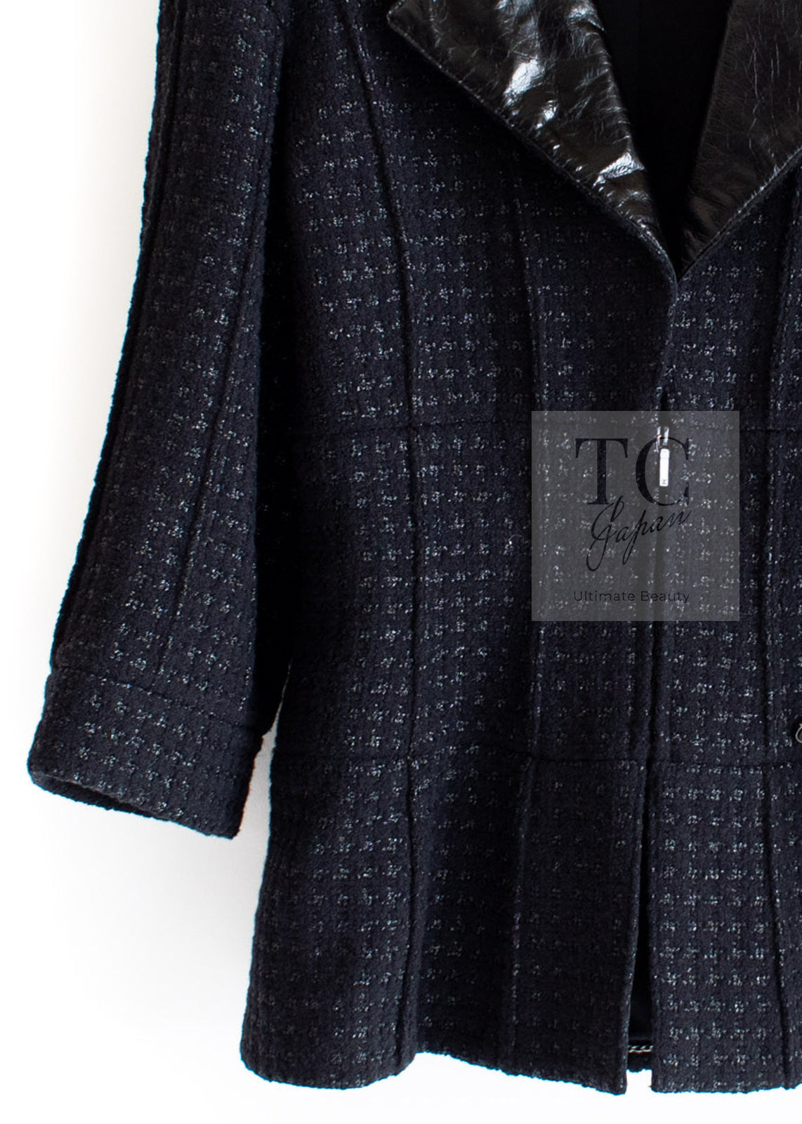 CHANEL 14A Black Leather Collar Zipup Wool Tweed Jacket 38 40 シャネル ブラック レザー襟 ジップアップ ウール ツイード ジャケット 即発