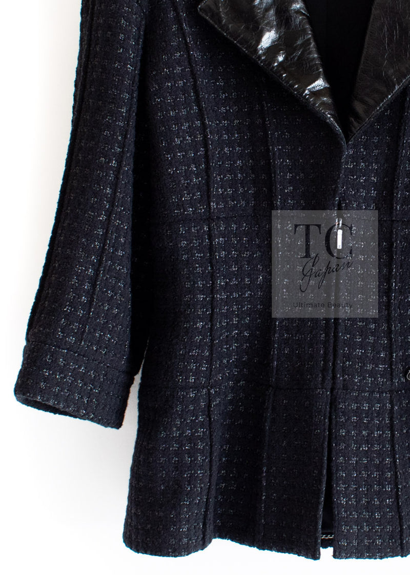CHANEL 14A Black Leather Collar Zipup Wool Tweed Jacket 38 40 シャネル ブラック レザー襟 ジップアップ ウール ツイード ジャケット 即発
