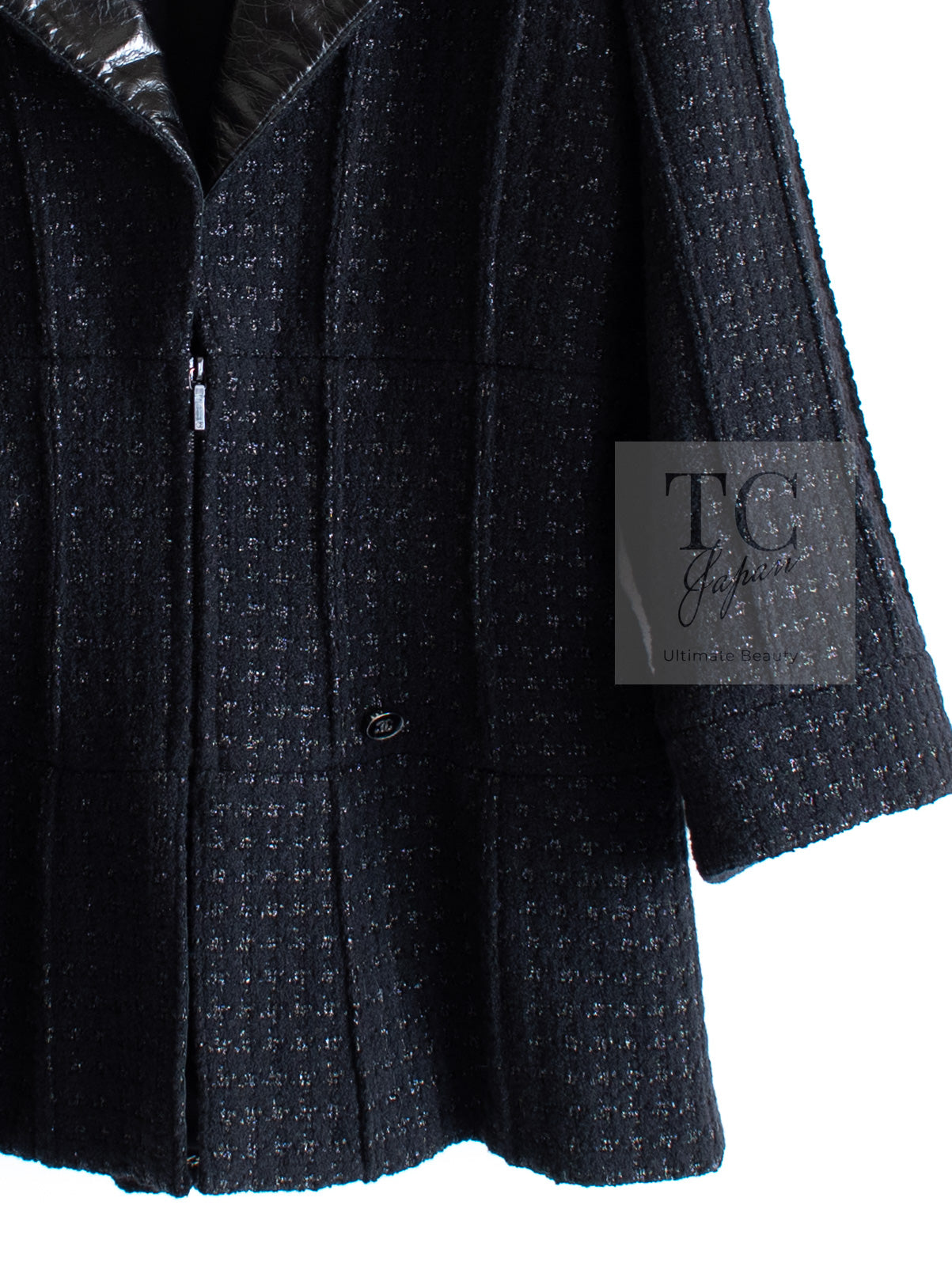 CHANEL 14A Black Leather Collar Zipup Wool Tweed Jacket 38 40 シャネル ブラック レザー襟 ジップアップ ウール ツイード ジャケット 即発