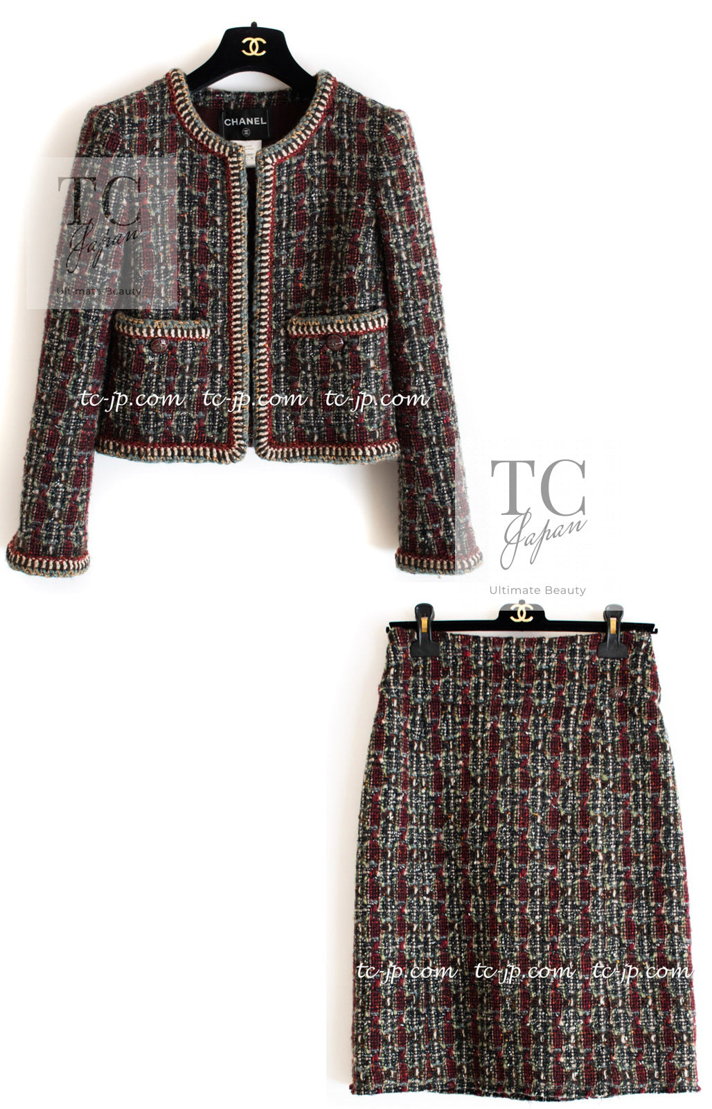 CHANEL 15A Maroon Wine Red Braid Trimming Wool Tweed Jacket Skirt Suit 42 44 シャネル ワインレッド ブレイドトリミング ウール ツイード ジャケット スカート スーツ 即発 - TC JAPAN