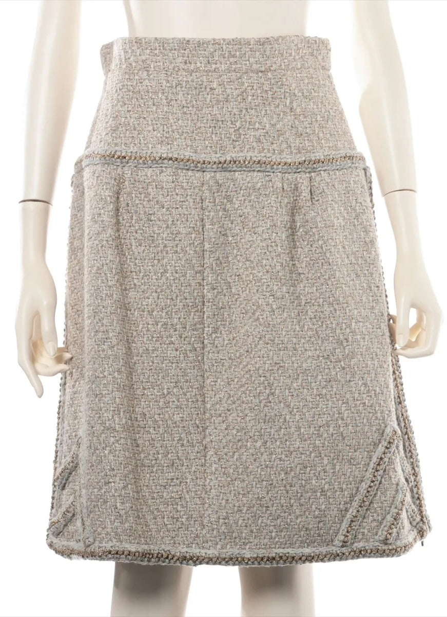 CHANEL 16A Gray Gold Trim Tweed Jacket Skirt Suit 36 38 シャネル グレー ゴールド トリム ツイード ジャケット スカート スーツ 即発