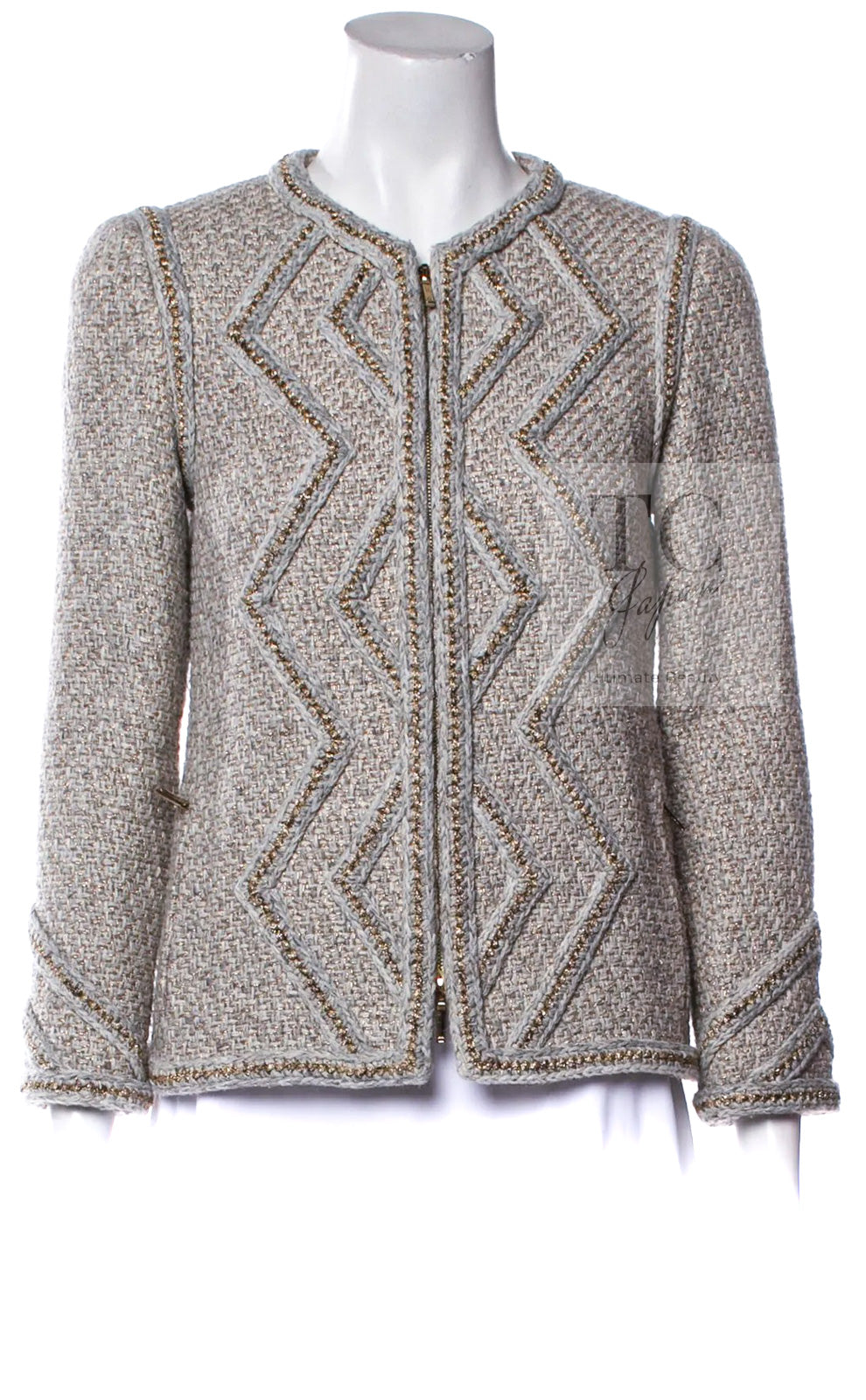 CHANEL 16A Gray Gold Trim Tweed Jacket Skirt Suit 36 38 シャネル グレー ゴールド トリム ツイード ジャケット スカート スーツ 即発
